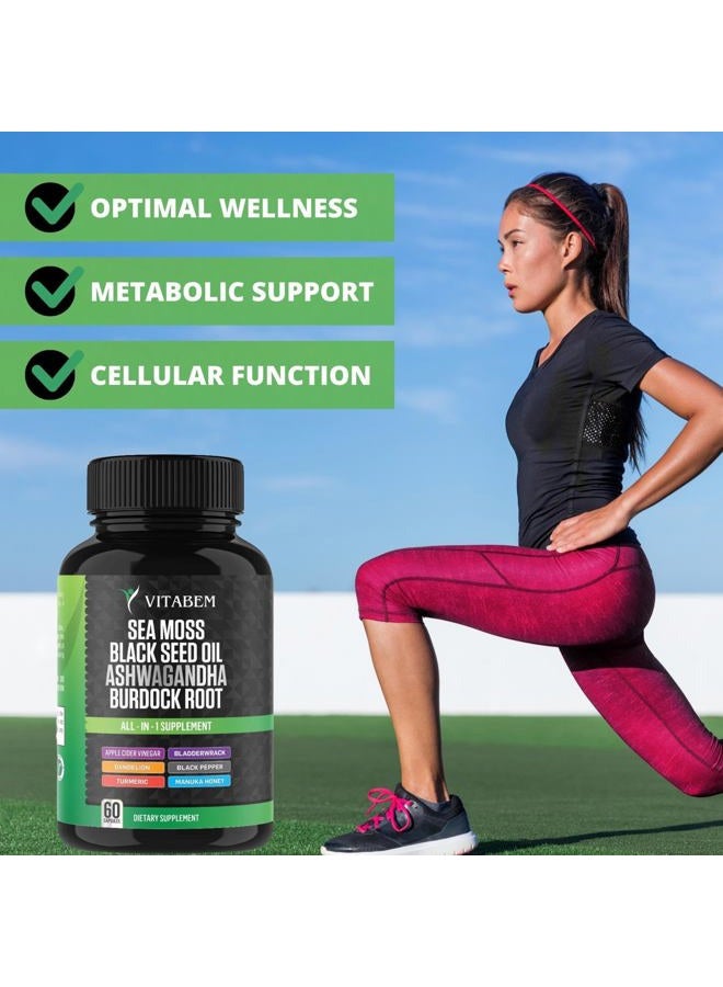 Vitabem Sea Moss Black Seed Oil Ashwagandha Turmeric Bladderwrack Burdock Root | Advanced Sea Moss Capsules All in One Supplement with Seamoss Black Seed Oil Burdock Root Capsules - 60 Count - Image 4